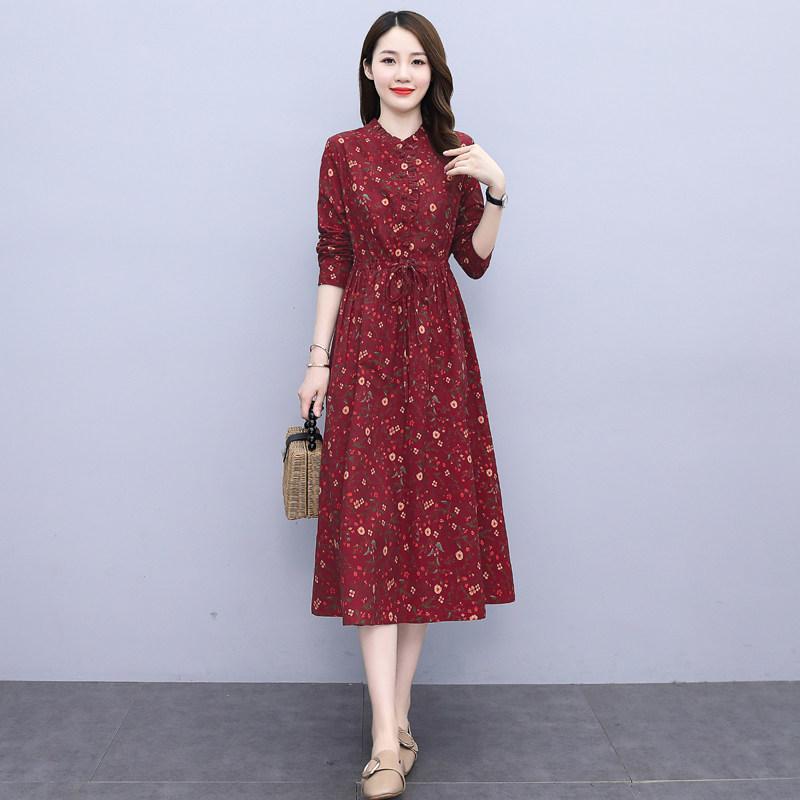 Sijiqing women's clothing new Hangzhou 2022 autumn long-sleeved dress waist slimming and age-reducing retro cotton and linen skirt