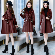 Four seasons of green womens clothing new Hangzhou 2021 autumn and winter gush leather big clothes to collect waist display slim leather hair integrated coat
