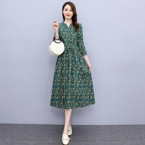 Four seasons of green womens clothing new Hangzhou 2022 Spring and autumn crushed cotton linen long sleeve one-piece dress to collect waist display slim temperament skirt