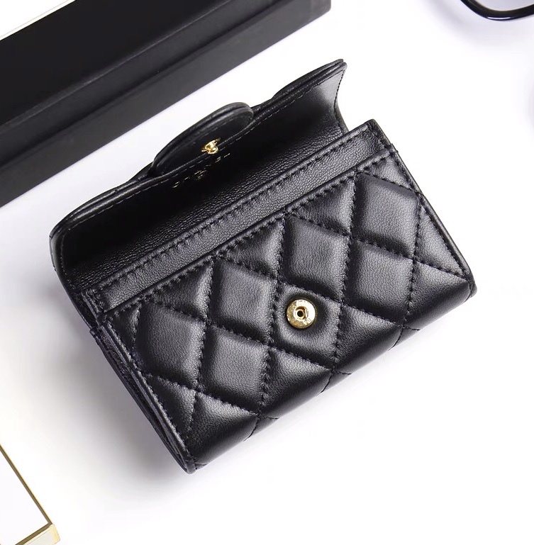 Folding Flip Wallet for Women, Short Leather Wallet, Small Chanel-Style Lambskin Quilted Genuine Leather Wallet, Card Holder, Coin Purse, Leather Wallet
