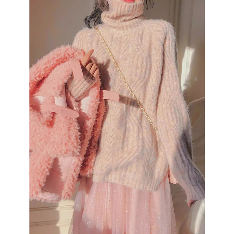 High-Neck Pink Cable-Knit Sweater for Women, 2026 New Winter Thickened Lazy Style Loose Knit Top