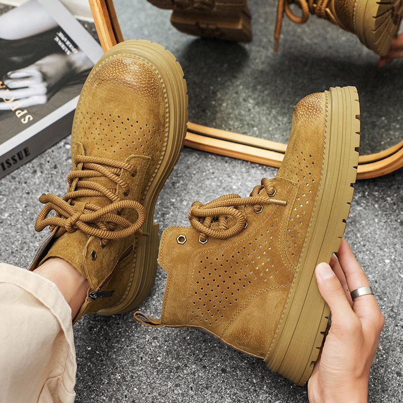 Summer Hollow-Out Martin Boots for Men, Breathable Side Zipper, Thick-Soled Height-Increasing Work Boots, Thin Large-Toe Couple's Yellow Boots