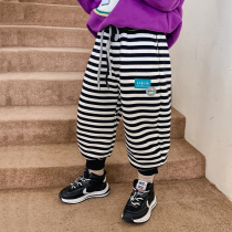 BBs childrens clothing boys pants with velvet and thickened winter style 2022 new middle and big childrens warm striped pants tide