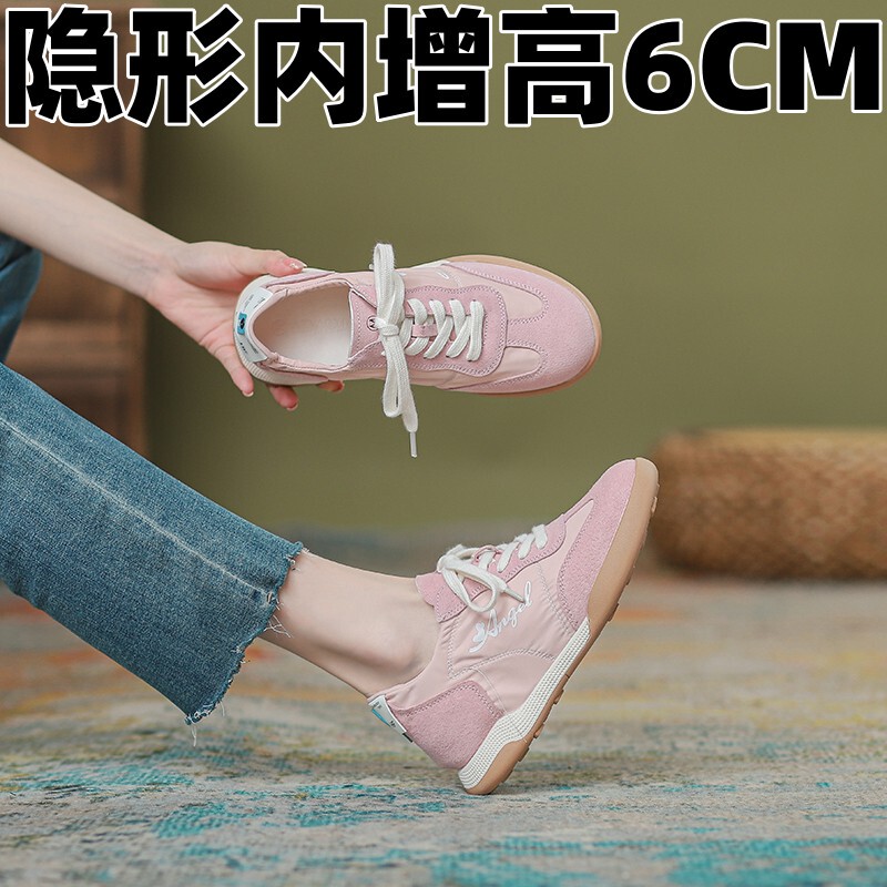 Inner Height-Increasing Pink German Training Shoes for Women 2026 Popular Genuine Leather White Shoes Thick-Soled Casual Shoes Travel Leisure Ballet Shoes