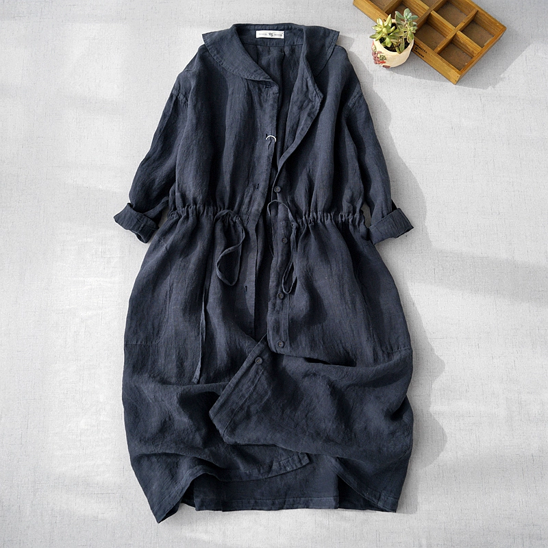 Áo khoác gió mỏng dài tay vải lanh của phụ nữ Nhật Bản đầu mùa xuân sản phẩm mới văn học tính khí retro áo choàng vải lanh lỏng lẻo - Trench Coat