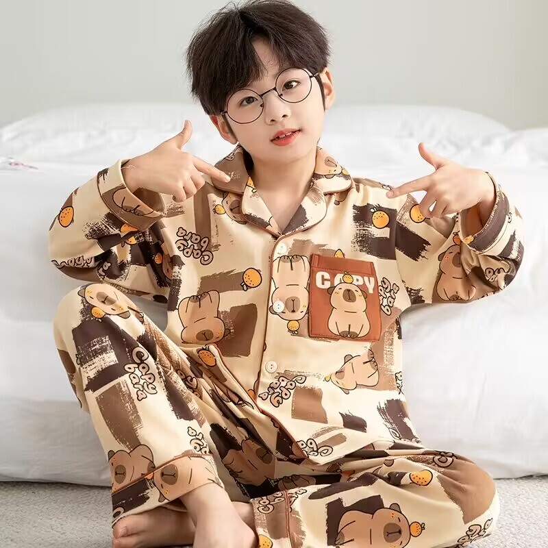 Children's Pajamas Spring and Autumn Boys and Girls Pure Cotton Cartoon Long-Sleeved Summer Thin Style Medium and Large Kids Boys and Girls Home Clothes