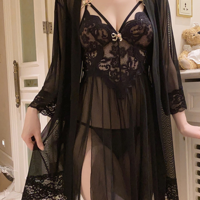 Sexy Pajamas for Women, Spring and Autumn, Transparent Mesh Camisole Nightdress with Slits, 2025 New Style, See-Through Lace Robe, Pure Desire