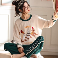 Phiên bản Hàn Quốc của bộ đồ ngủ nữ mùa thu cotton dài tay Bộ đồ hai dây nữ có thể mặc đồ ngủ bằng cotton đặt kích thước lớn phục vụ tại nhà đồ mặc nhà cao cấp