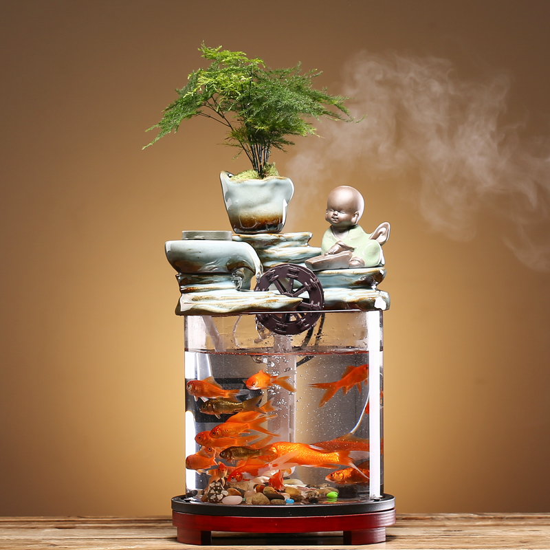 New Chinese style glass fish tank Zen little Monk lucky running water ornaments Atomized water circulation home living room decorations