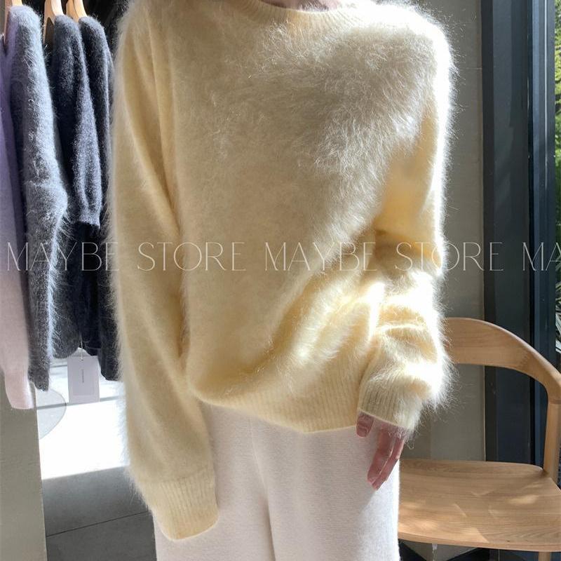 Creamy Yellow Mohair Top Korean Style Women's Fufu Lazy Style Thickeneded Soft Waxy Mink Fur Inner Bottoming Knitwear Creamy Yellow Mohair Top Korean Style Women's Fufu Lazy Style Thickeneded Soft Waxy Mink Fur Inner Bottoming Knitwear