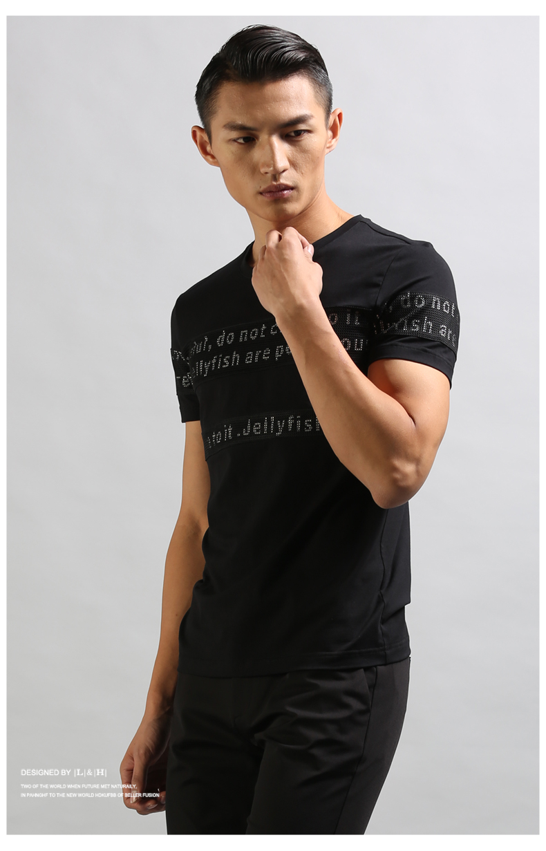 Luo Hao nam mùa hè Hàn Quốc nam đáy áo Slim bông giản dị dán thư màu đen ngắn tay t-shirt nam