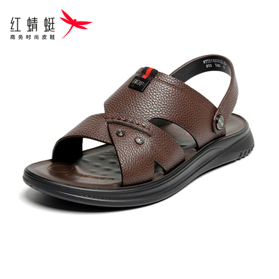 红蜻蜓男鞋真皮沙滩鞋男凉鞋2021新款夏季休闲软底男士皮拖鞋两用