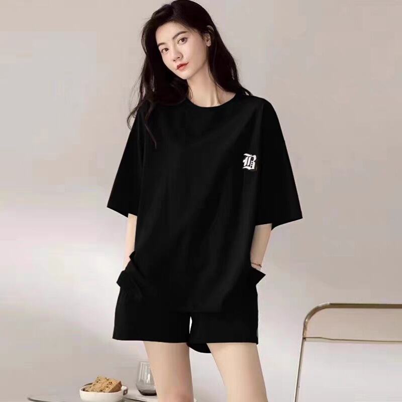 Pajamas for Women, Summer Thin Short-Sleeved Shorts, Black, Loose, Can Be Worn Outside in Summer, 100% Cotton Home Wear Set