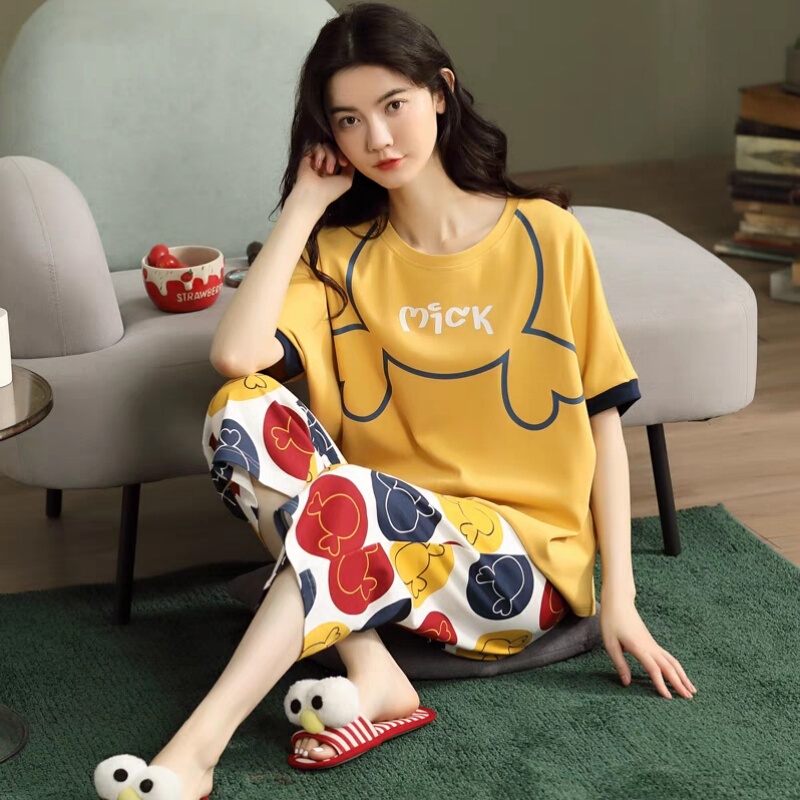 Pure Cotton Pajamas for Women, New Summer Style, Short-Sleeved, Three-Quarter Pants, Thin, Comfortable, Simple, Cartoon, Can Be Worn Outside, Home Wear Set