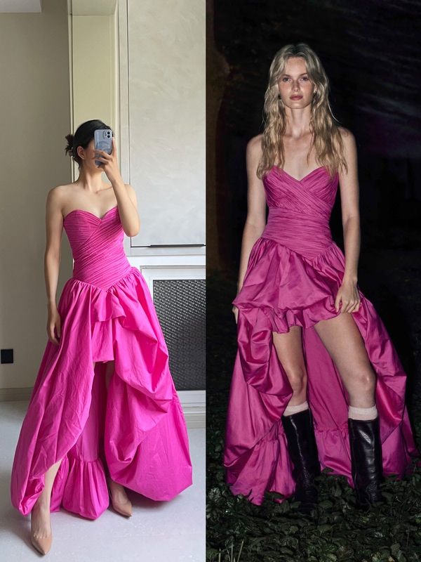Pink Enthusiast's Roses and Poems: Australian Niche Pink Pleated Slim-Fit Waist-Cinching Big Skirt Strapless Princess Dress