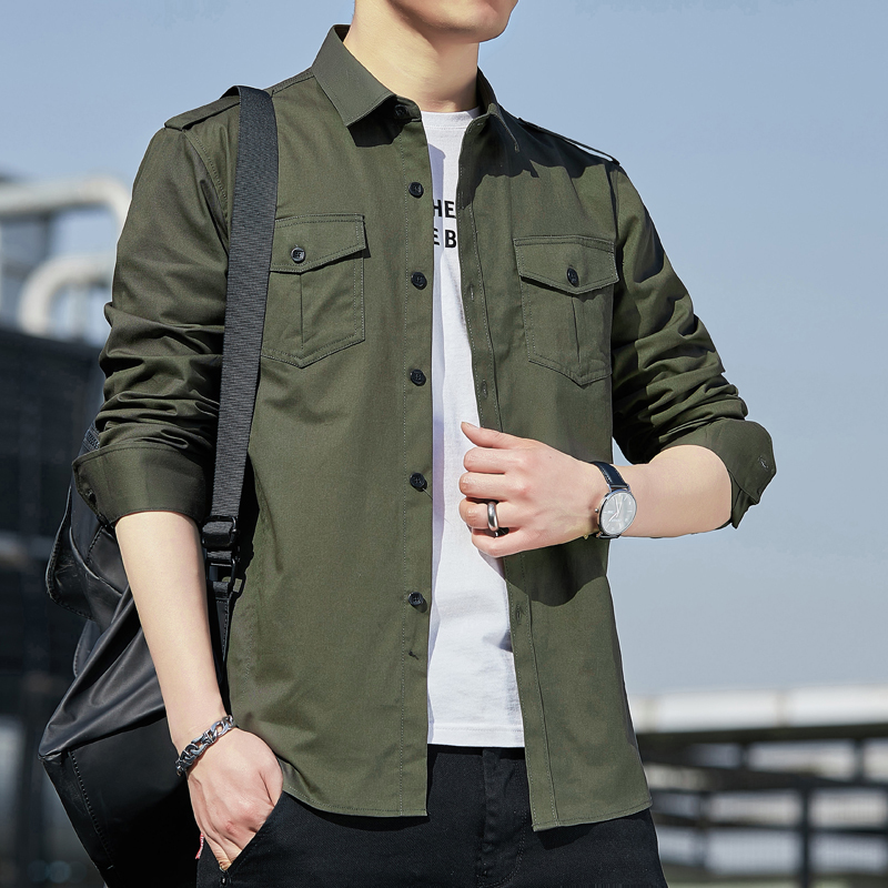 Military Green Workwear Men's Shirt Slim Fit Korean Style Casual Large Size Pure Cotton Washed Shirt Outdoor Military Green Shoulder Patch Foreign Trade