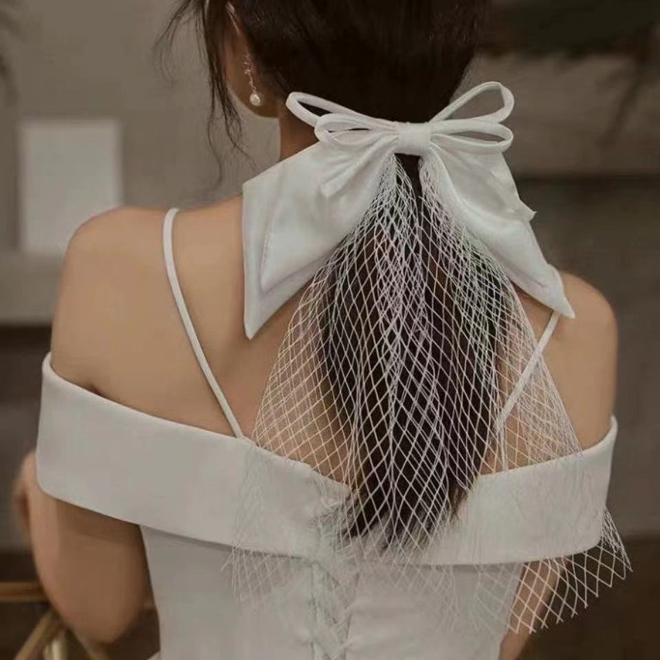Light yarn headdress super fairy forest white silk retro bow bride marriage certificate small veil photo new