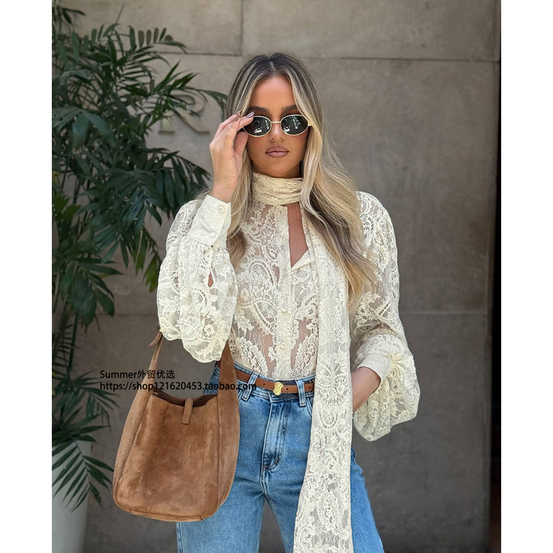 Purely Sensual French-Style Ribbon Sheer Lace Hollowed-Out Long-Sleeve Shirt for Women