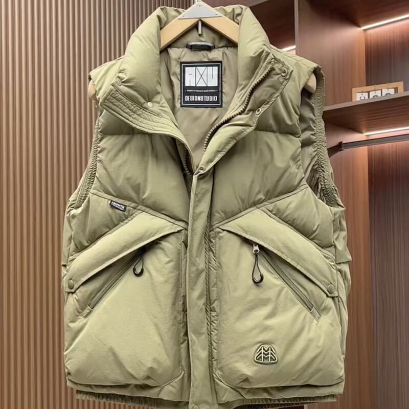 Stand Collar Thickened Solid Color down Vest for Men, Winter Trendy Workwear with Zipper Pockets, Casual Warm Vest Jacket