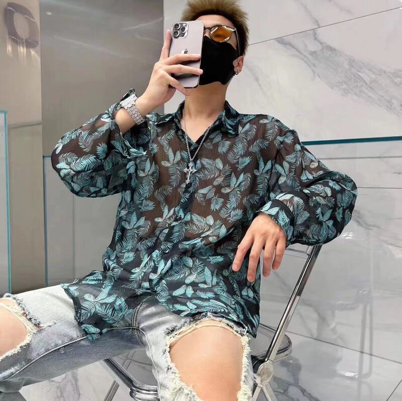 Transparent Sheer Hollow-Out Floral Shirt for Men, Summer Casual Loose Lightweight Sun Protection Clothing, Couple's Cool Trendy Turn-Down Collar Long Sleeve