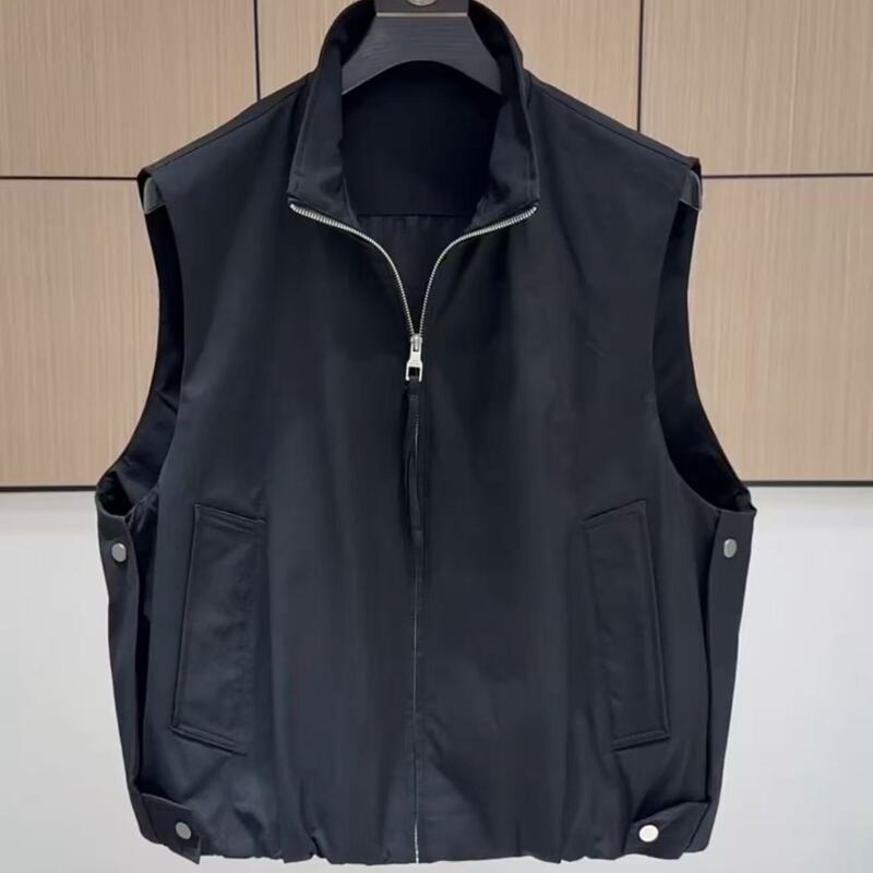 Casual Solid Color Stand Collar Zip-Up Vest for Men, Autumn Short Versatile Loose Workwear Sleeveless Jacket