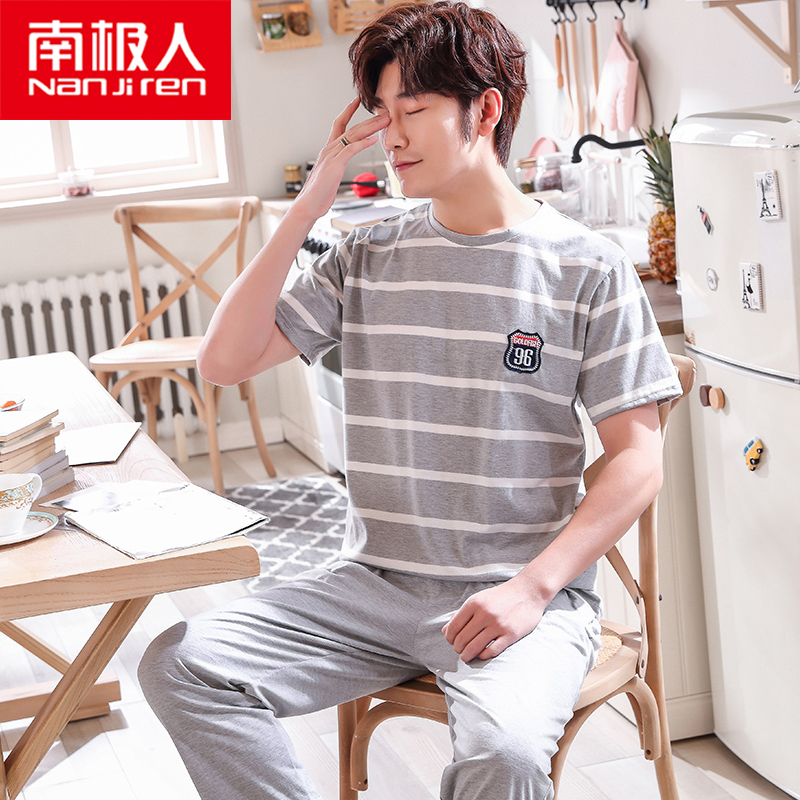 Pyjama Nam Cực mens mùa hè bông ngắn tay quần mens bông mùa xuân và mùa thu mỏng có thể mặc bộ quần áo về nhà.