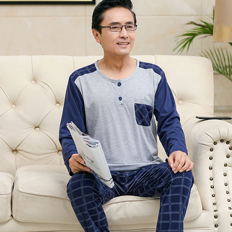 Bộ đồ ngủ mens dài tay áo bông cotton vào mùa xuân và mùa thu trung niên cha nhà quần áo mùa thu và mùa đông hình học mens mẫu quần áo mùa xuân về nhà.