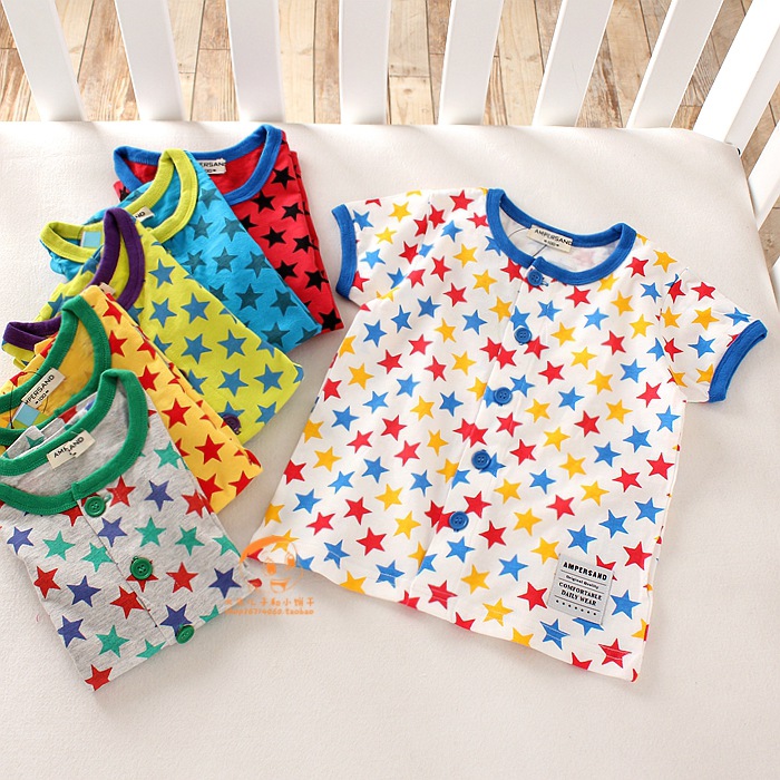 Children's clothing 2021 New summer boy girl baby front opening buckle home short sleeve T-shirt Colour 5 Stars