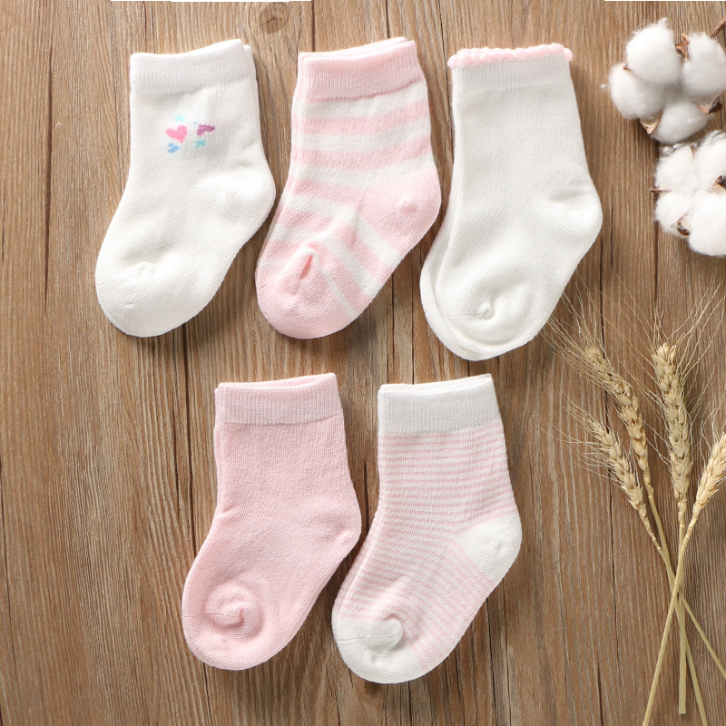 0 - 8 years old spring and autumn little girl baby socks pink striped socks love five pairs of serial packs