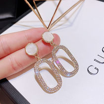 2021 new trendy earrings female sterling silver temperament Korean personality oval shell rhinestone long earrings Net Red