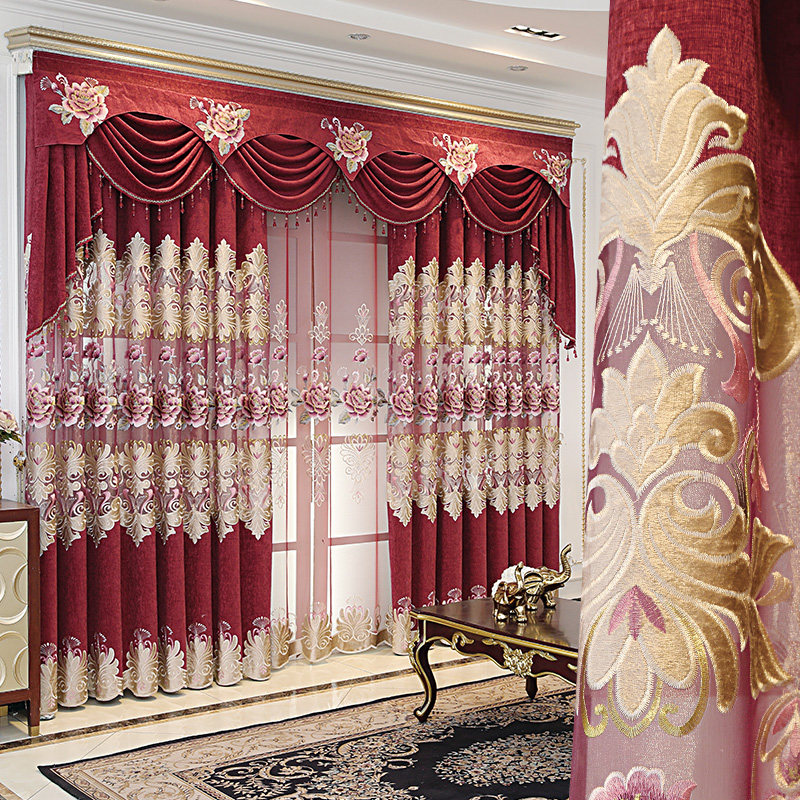 Custom upscale European-style snow Neil hollowed embroidered curtain living-room floor window bedroom finished shade red wedding room