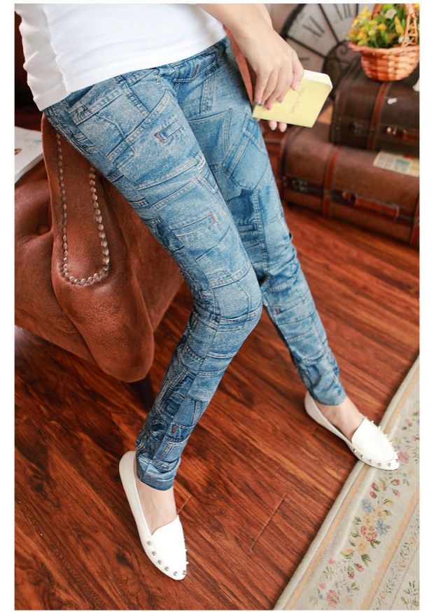 Phiên bản Hàn Quốc của mùa thu và mùa đông quần giả denim mặc quần legging được in mỏng co giãn chải chín điểm quần quần thủy triều quần ngủ nữ