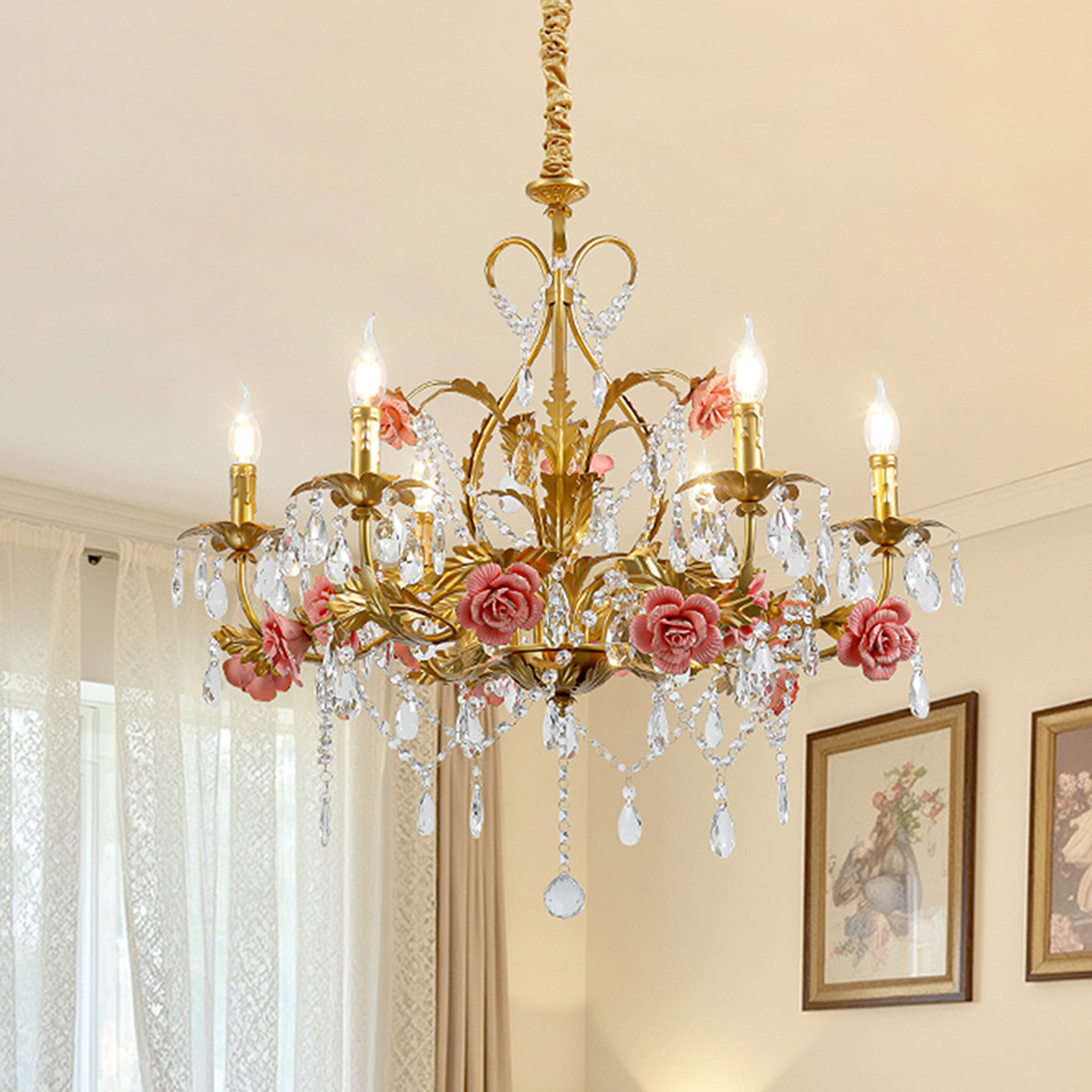 法式陶瓷花水晶吊灯客厅餐厅轻奢高端别墅浪漫灯具