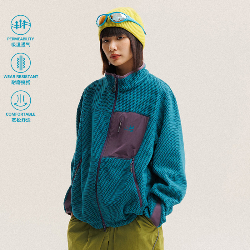 Outdoor Hiking and Mountaineering Fleece Patchwork Color-Block Stand Collar Jacket for Men and Women, Loose Fit, Warm Inner Lining Jacket