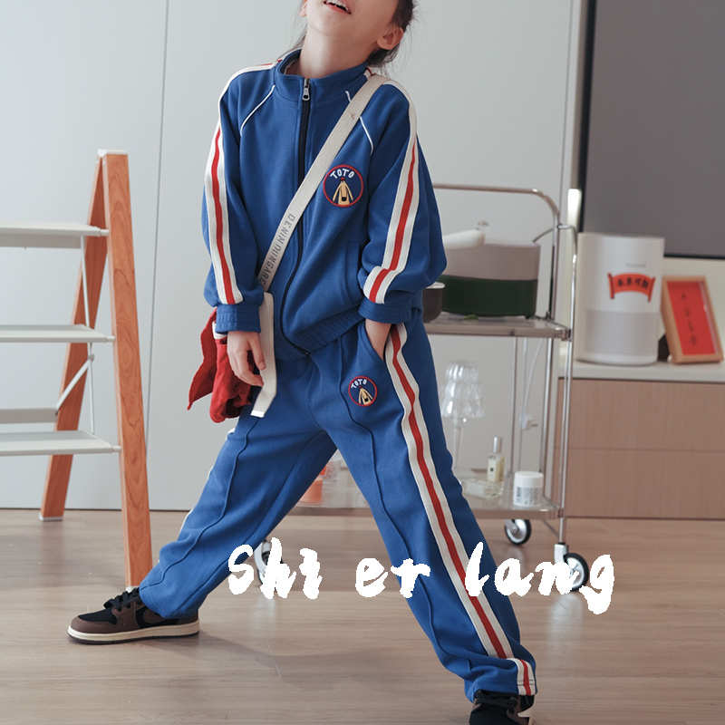 twelve groom male and female child spring jacket suit CUHK Tong retro Blue Campus Wind collar cardiovert sweatpants