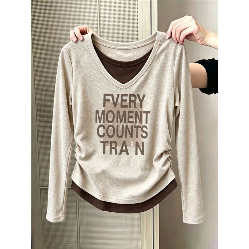 Korean Apricot Color Slimming Fake Two-Piece Long-Sleeve T-Shirt for Women with Waist-Cinching Design, Fashionable and Versatile Base Shirt Top for Autumn Korean Apricot Color Slimming Fake Two-Piece Long-Sleeve T-Shirt for Women with Waist-Cinching Design, Fashionable and Versatile Base Shirt Top for Autumn