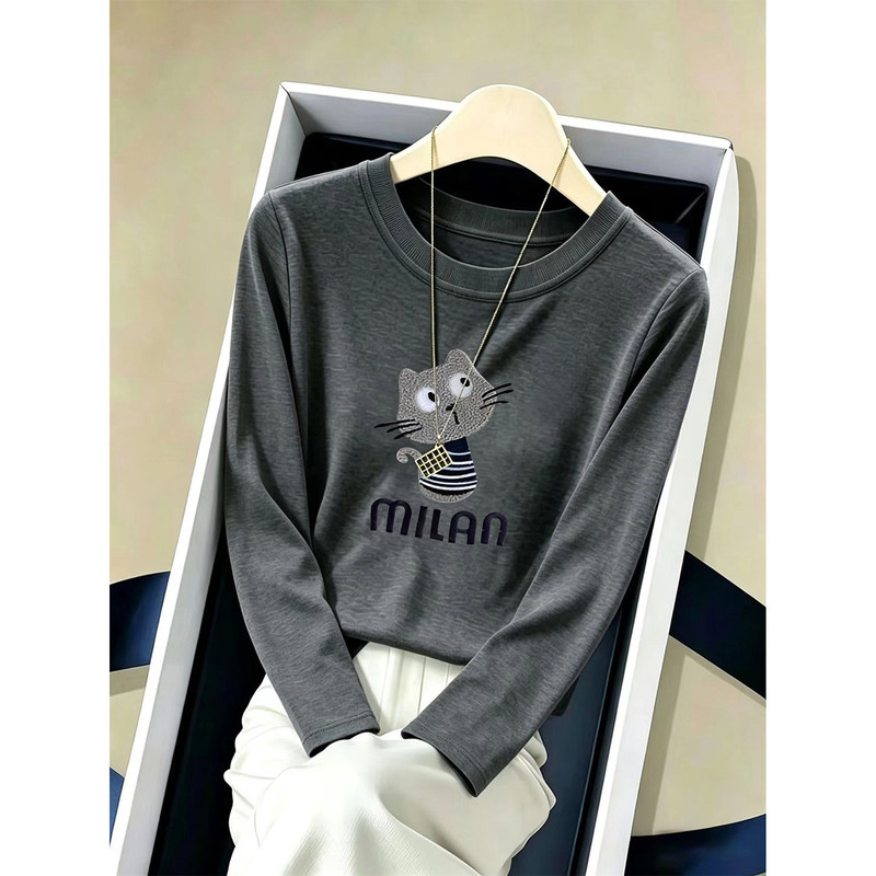 Korean Pure Cotton Regular Shoulder Long-Sleeve T-Shirt for Women, Fashionable and Versatile, Suitable for Slightly Chubby Figures, Dark Gray Top, Spring and Autumn 2026 New Model Korean Pure Cotton Regular Shoulder Long-Sleeve T-Shirt for Women, Fashionable and Versatile, Suitable for Slightly Chubby Figures, Dark Gray Top, Spring and Autumn 2026 New Model