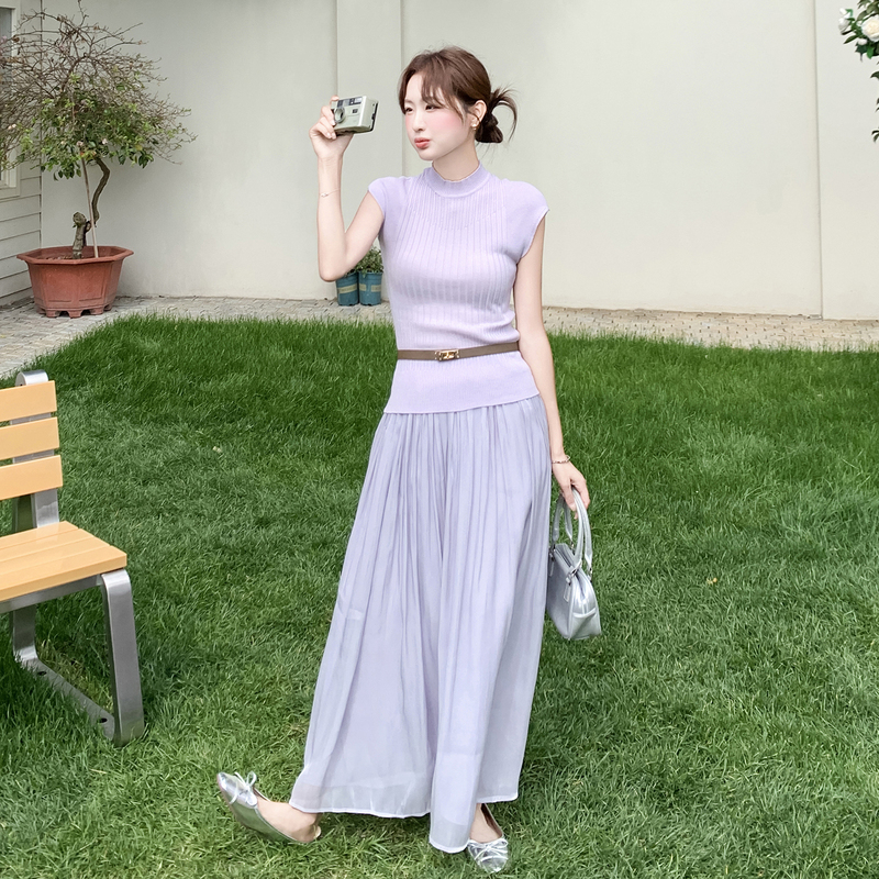 Purple Knitted Sleeveless Top and Mesh Skirt Suit Two-Piece Set for Women, Summer French Romantic and High-End Style Outfit Purple Knitted Sleeveless Top and Mesh Skirt Suit Two-Piece Set for Women, Summer French Romantic and High-End Style Outfit