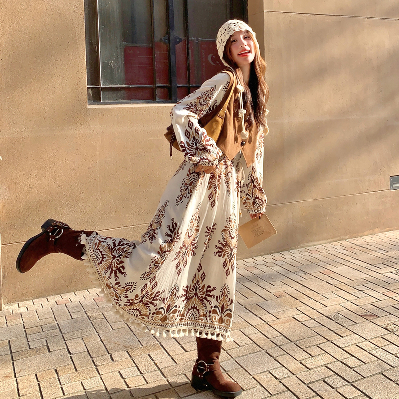 Bohemian Ethnic Style Vest Floral Dress Set for Women Spring 2026 New Unique Beautiful Stunning Dress