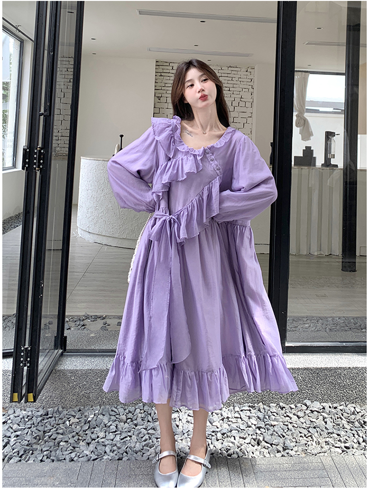 ワンピース】パープル 超可愛い フリル 長袖ワンピース レディース 秋