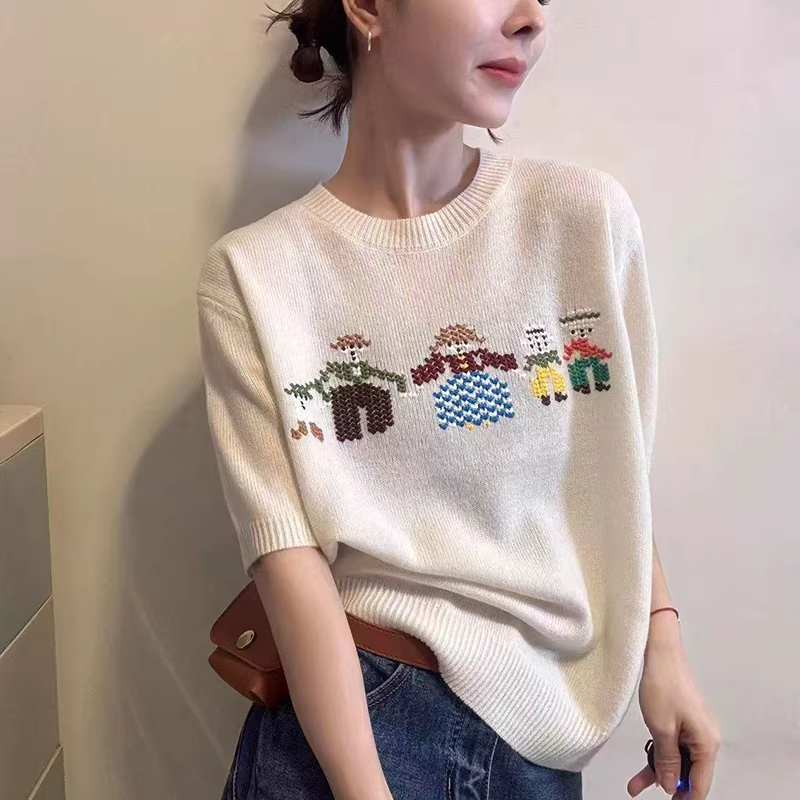 150kg Plus Size Women's Cartoon Embroidered Knitted Short Sleeve T-Shirt 100kg Fat Mm2026 Loose Soft Top 150kg Plus Size Women's Cartoon Embroidered Knitted Short Sleeve T-Shirt 100kg Fat Mm2026 Loose Soft Top