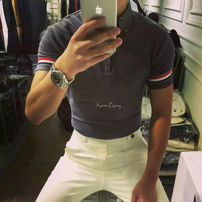 Mùa hè Châu Âu và Vương Quốc Anh Anh Slim Polo Áo Sơ Mi Ngắn Tay Áo TB Gió Tricolor Ribbon Ánh Sáng Polo Áo Tide Cotton T