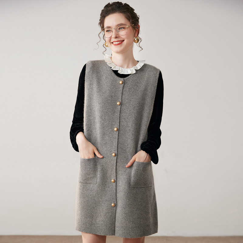 Practical and Essential ~ Cashmere Cardigan Vest for Women, Mid-Length, Loose Knit, Sleeveless Sweater Jacket for Autumn and Winter