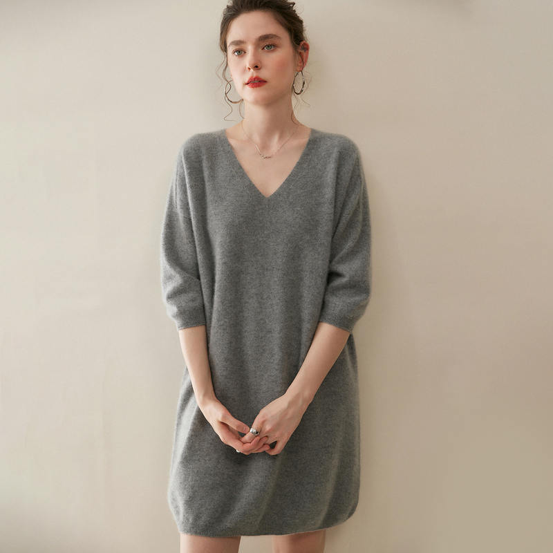 Ready-To-Wear ~ 100% Pure Cashmere Sweater for Women, V-Neck, Three-Quarter Sleeves, Mid-Length Dress, Loose Knitted Sweater Dress
