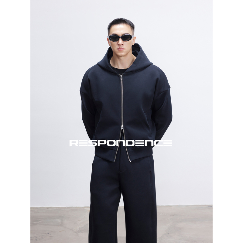 Rspondence Air Layer Silhouette Short Wide Double Zipper Sweatshirt Casual Sports Versatile Hooded Jacket Top