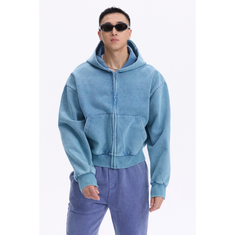 Respondence Washed and Distressed Sports Fitness Jacket Pink Blue Zipper Hooded Sweatshirt