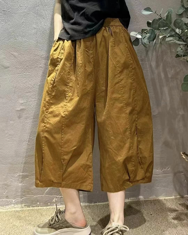 Vintage Patchwork Casual Cropped Pants for Women, Summer Simple Style, Elastic Waist, Loose Carrot Thin Wide-Leg Lantern Pants 8588