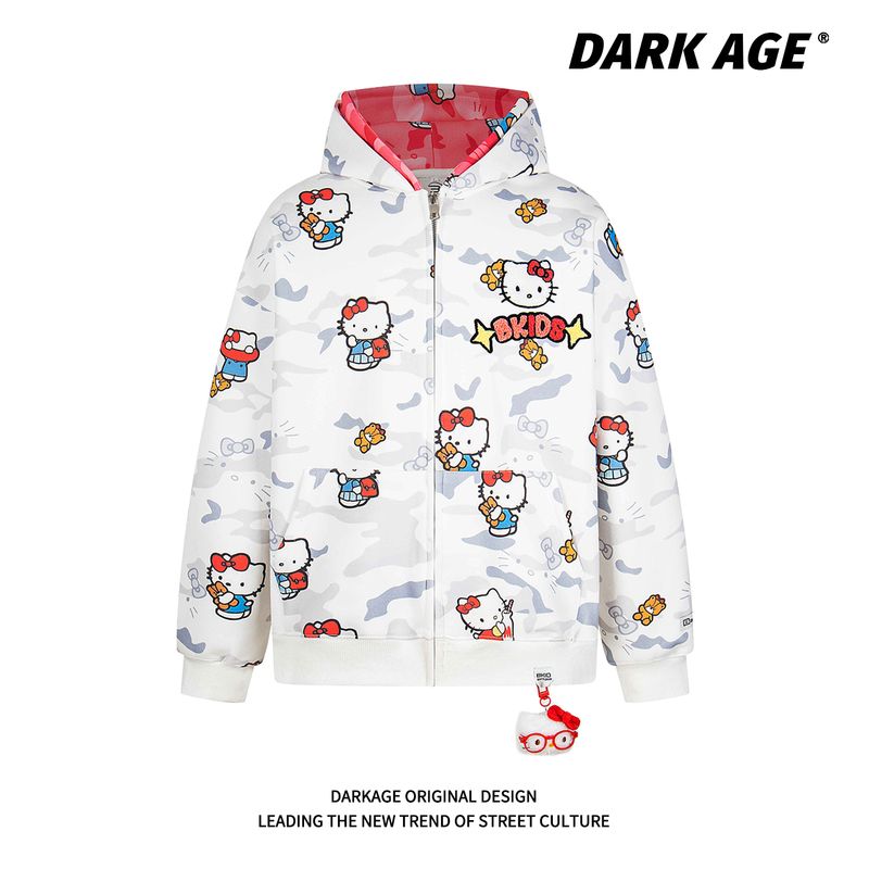 Darkage Original Design Color-Blocking National Trend Loose Double-Hooded Hello Kitty All-Over Print Camouflage Zip-Up Hoodie