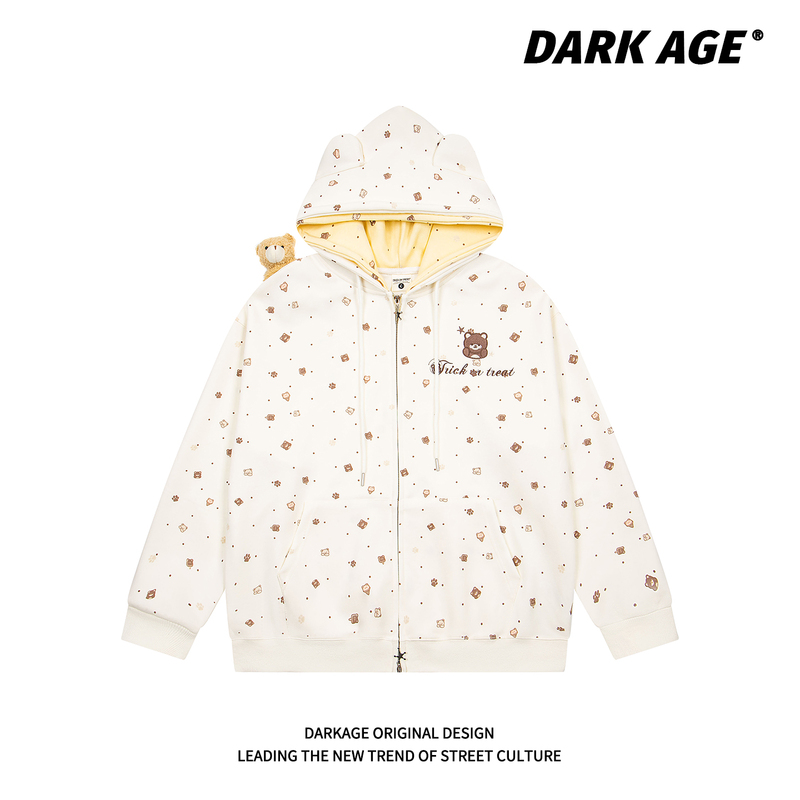 Darkage Original Cute Bear All-Over Print Detachable Pendant Hooded Sweatshirt College Style Cardigan Double Hood Jacket