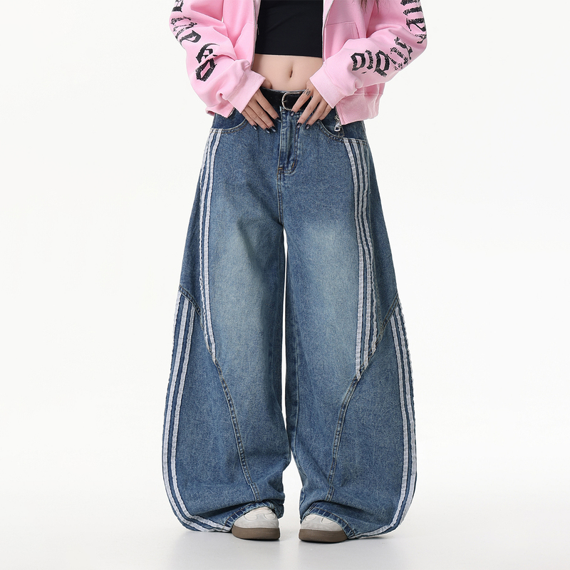 Darkage Original American Retro Washed Deconstructed Three-Stripe Scimitar Jeans for Women, Striped Patchwork Wide-Leg Pants